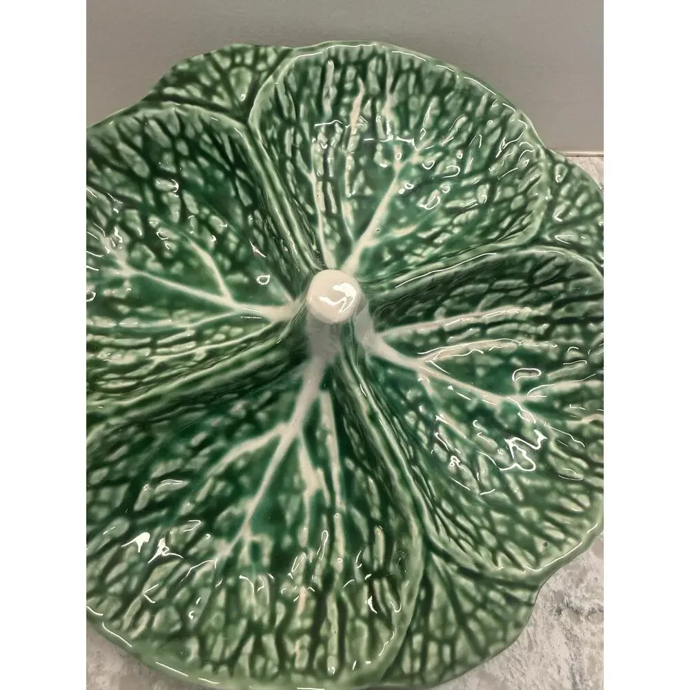 Vintage Portugal Majolica Cabbage Leaf Four Part Relish / Server